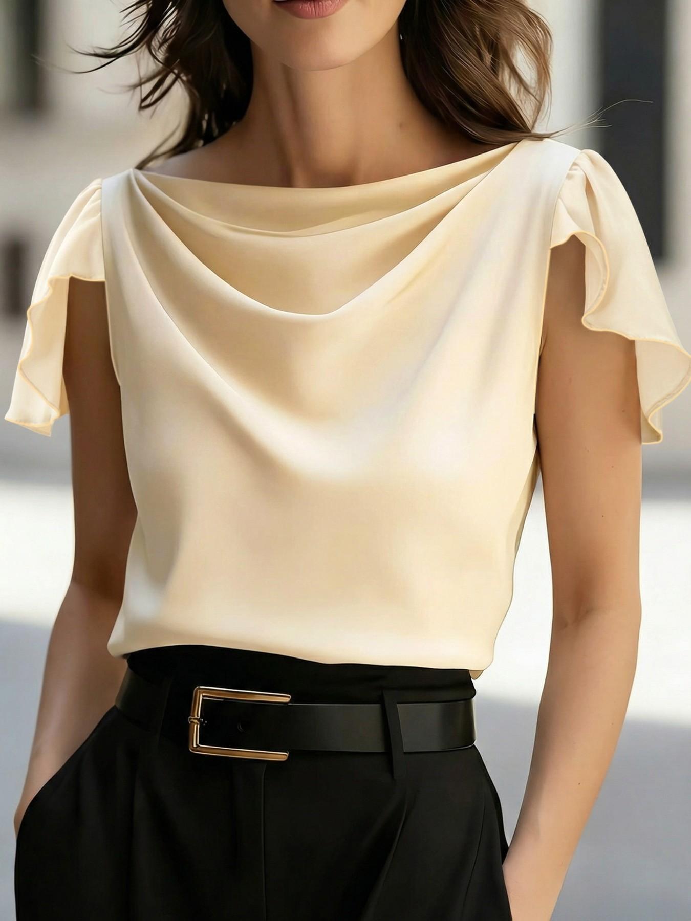 Elegant Satin Blouse with Drop Shoulder Neckline, Smooth Fit Slimming Design, Professional Office Wear, Versatile Outerwear Shirt, Womenswear1122