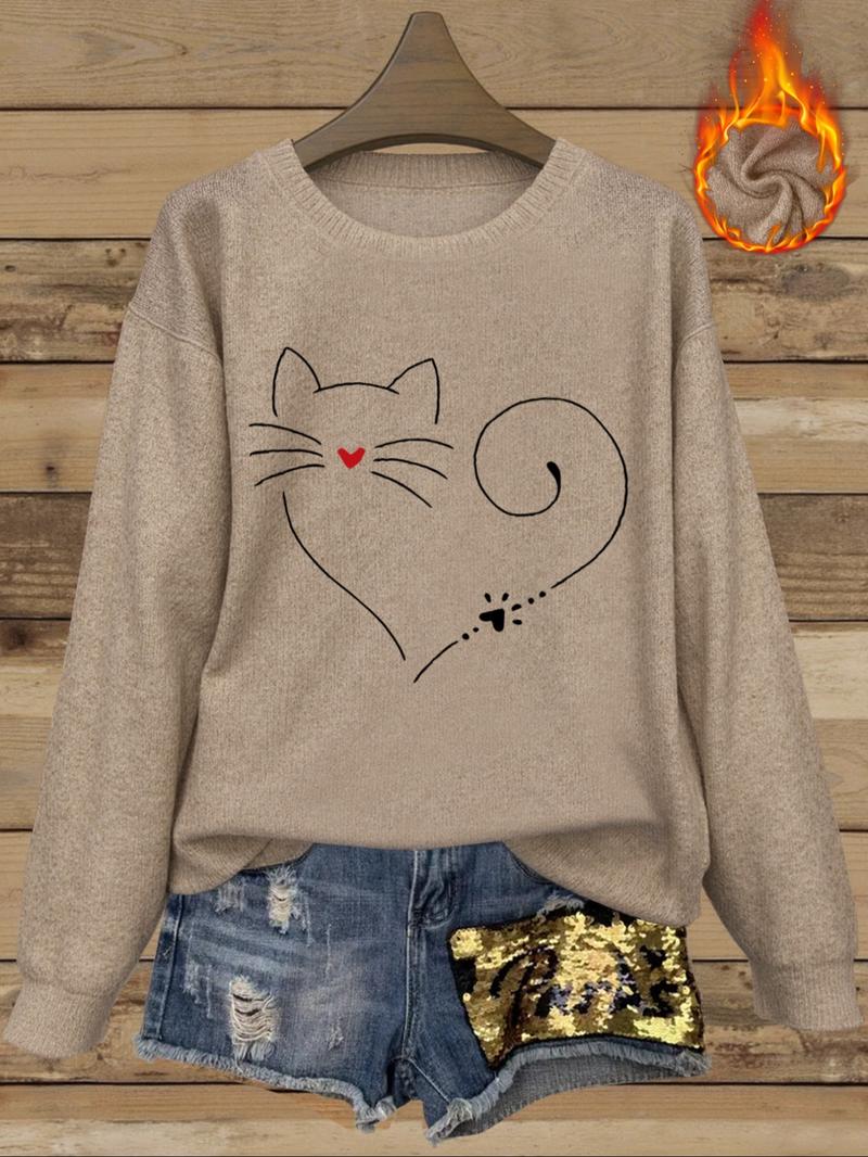 [Autumn and Winter] Kitten Print Women's Casual Fashion Round Neck Faux Wool Top, Women's Round Neck Faux Wool Top, Letters, Patterns Comfortable Round Neck Faux Wool Top, Suitable for Autumn and Winter