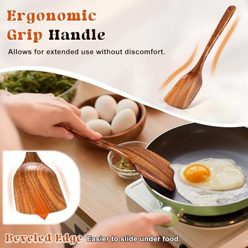 Premium Teak Cooking Utensils Set, Non-Stick Pot, Heat Resistant, Ergonomic Handle, Comfortable Grip, Suitable for Stirring