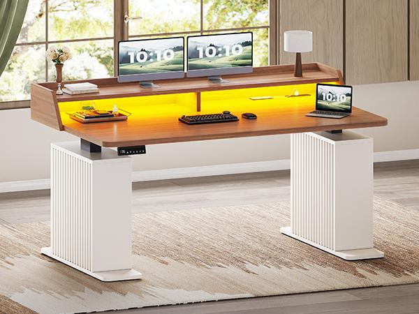 SEDETA 55 Inch Fluted Electric Standing Desk Ergonomic Height Adjustable Desk with Storage Power Outlets LED Lights