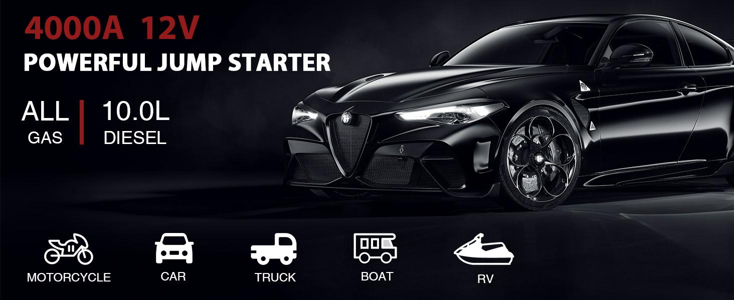 NEXPOW Car Jump Starter 4000A Car Battery Jump Starter Portable Pack for Up to All Gas and 10.0L Diesel Engine 12V Jump Box, Jump Pack, Battery Booster, Portable Jumper Cables with LED Light/USB QC3.0