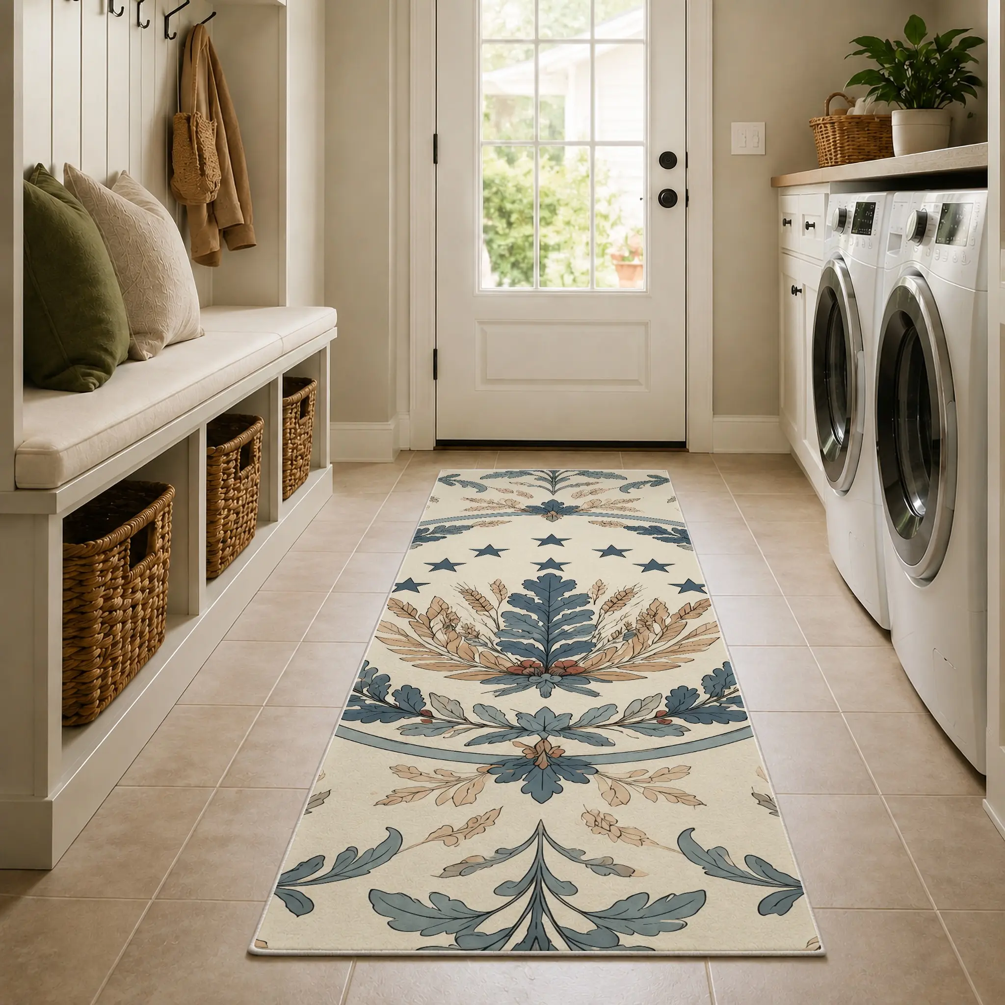 1pc Vintage Botanical Pattern Oak Leaf Star Ring, Gray Blue Cream White, Non-Slip Soft Velvet Area Rug, Reinforced Double Overlock, Machine Washable, Long runner rug, Autumn and winter, Indoor Area Carpet, oak leaves, Hallway runner rugs