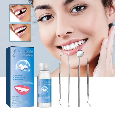 Moldable False Teeth, Dentures Teeth, Teeth Repair Kit, Denture Mouldable Kit, Comes with 4 repair tools, Veneer teet, Shapeable Denture RepairPellets for Broken Teeth & Missing Teeth-Oral Care Product, Ideal for Films, TV Programs, Halloween, Cosplay