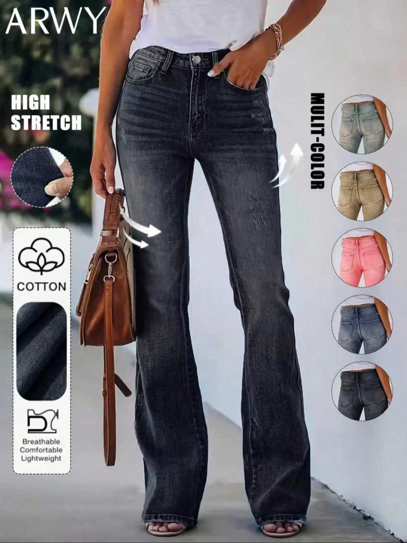 Women's Gradient-Color Slim-Fit Bootcut Jeans with Button, Fashion Mid-Rise Stretchy Washed Denim Pants, Bohemian Style for All Seasons