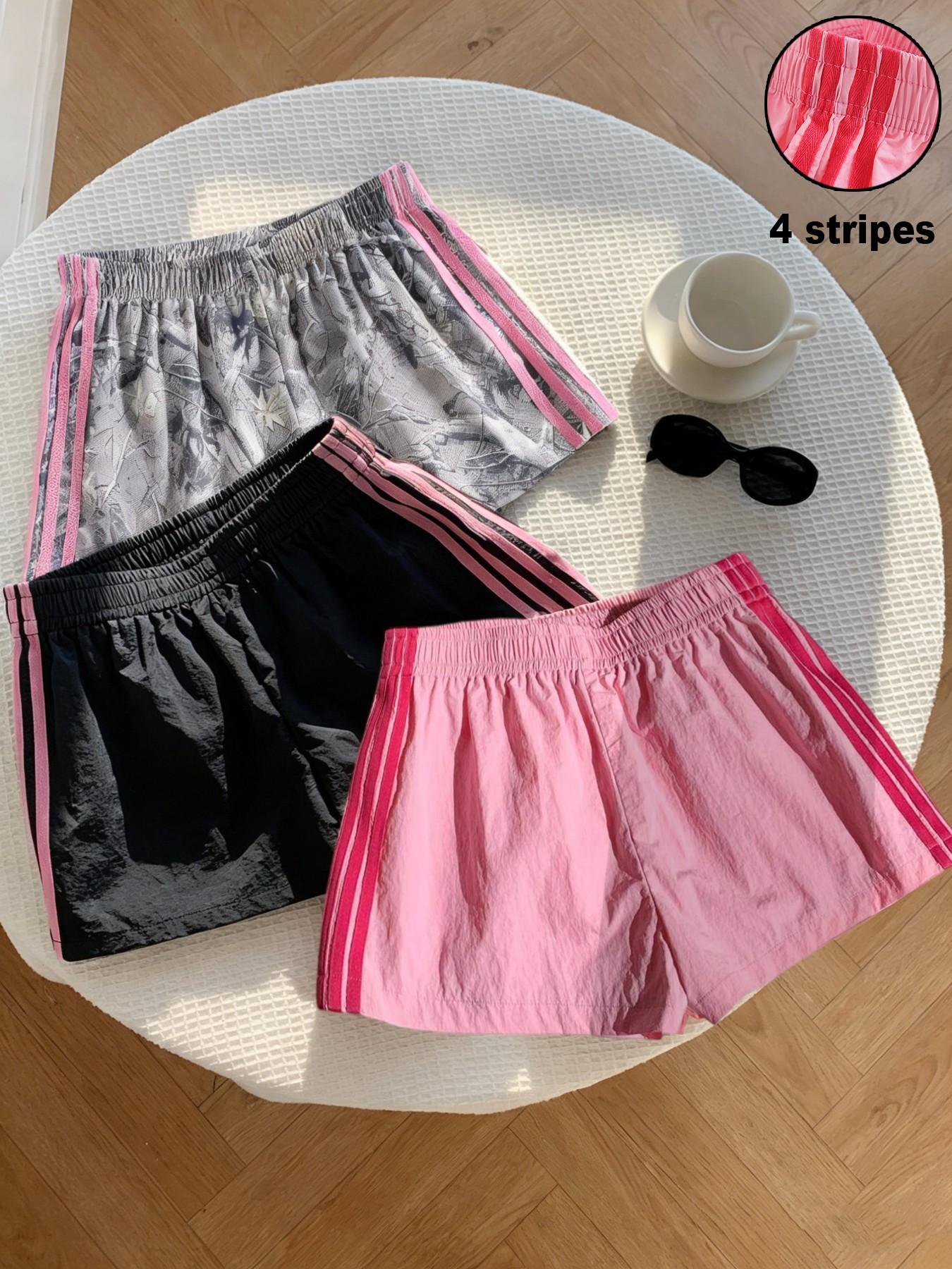 Trendy Comfortable 3-Piece Women's Casual Loose Short Pants, Side Stripe Design, Striped, Elastic Waist, Perfect for Spring Summer Carnival Activities, Casual Fashionable Shorts