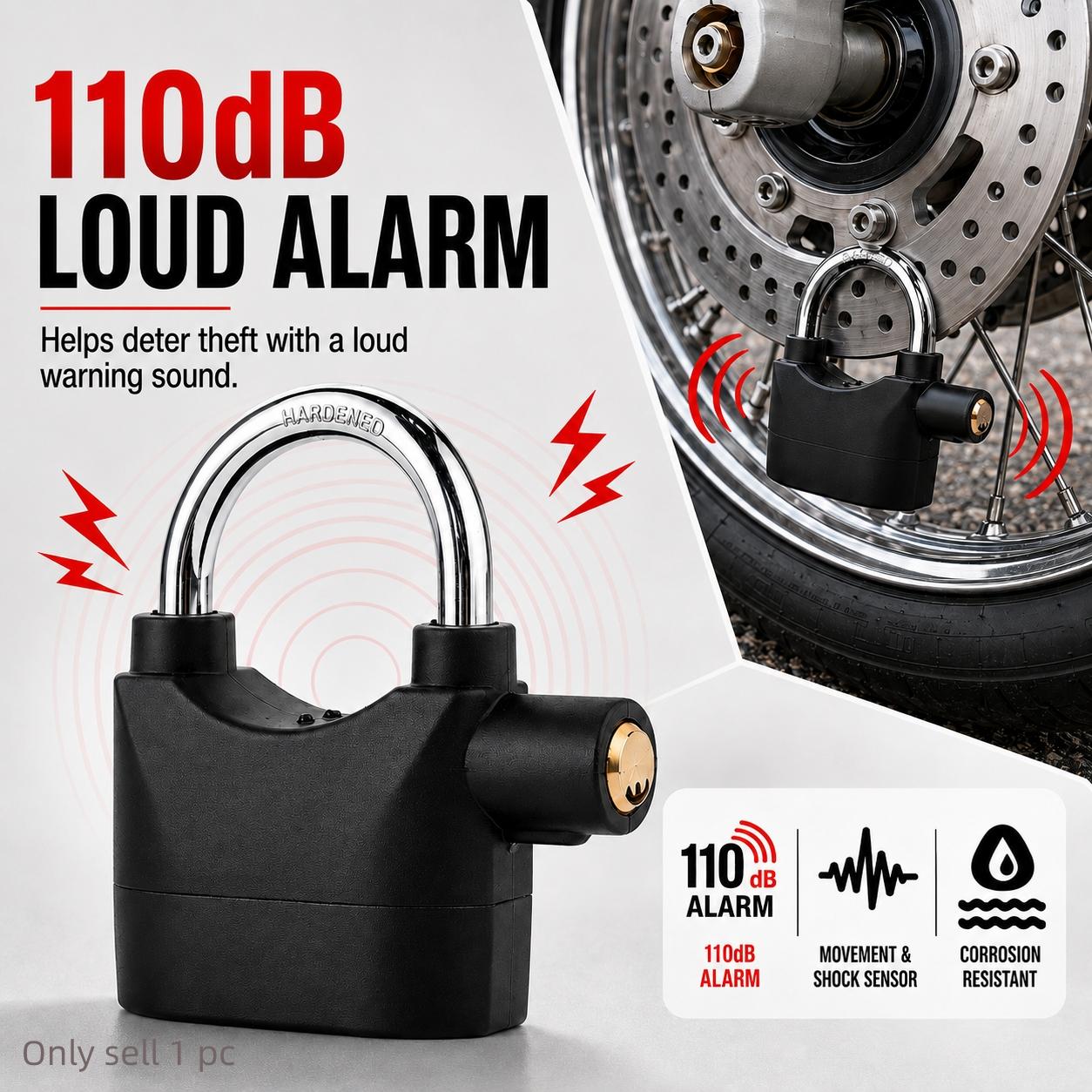 110dB Loud Alarm Padlock with 3 Keys, Outdoor Stainless Steel Door Lock, High-Security Hanging Lock for Garage Doors, Fence Gates, Tool Boxes and Storage Units