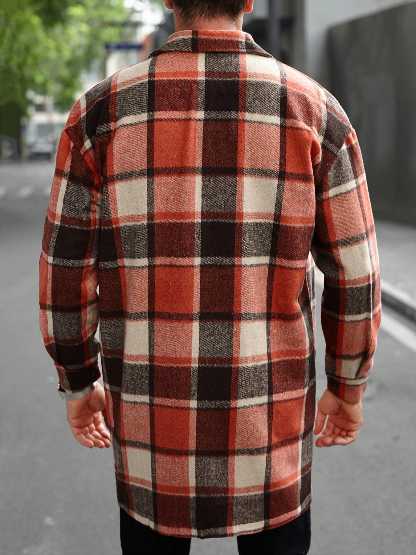 Men's plaid check long coat, Long Sleeve, with a buttoned lapel, loose fit, front button pockets, suitable for daily wear in autumn and winter, comfortable and warm, men's trench coat, autumn and winter
