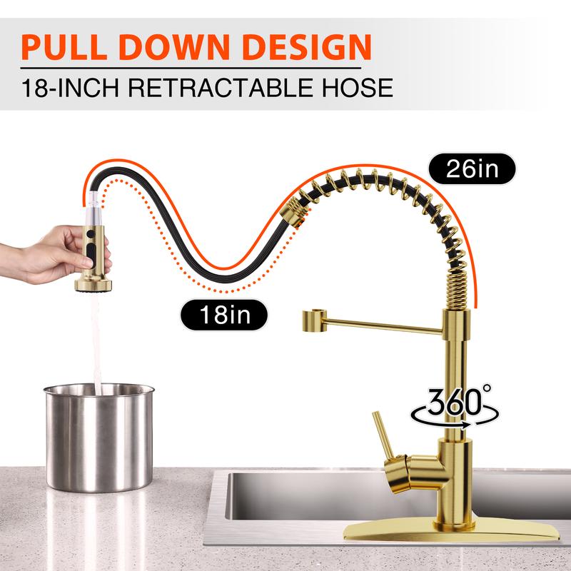 FORIOUS Gold Kitchen Faucet with Pull Down Sprayer，Single Handle Stainless Steel Kitchen Sink Faucet 360 Rotation Adjustable Sink Basin Faucet