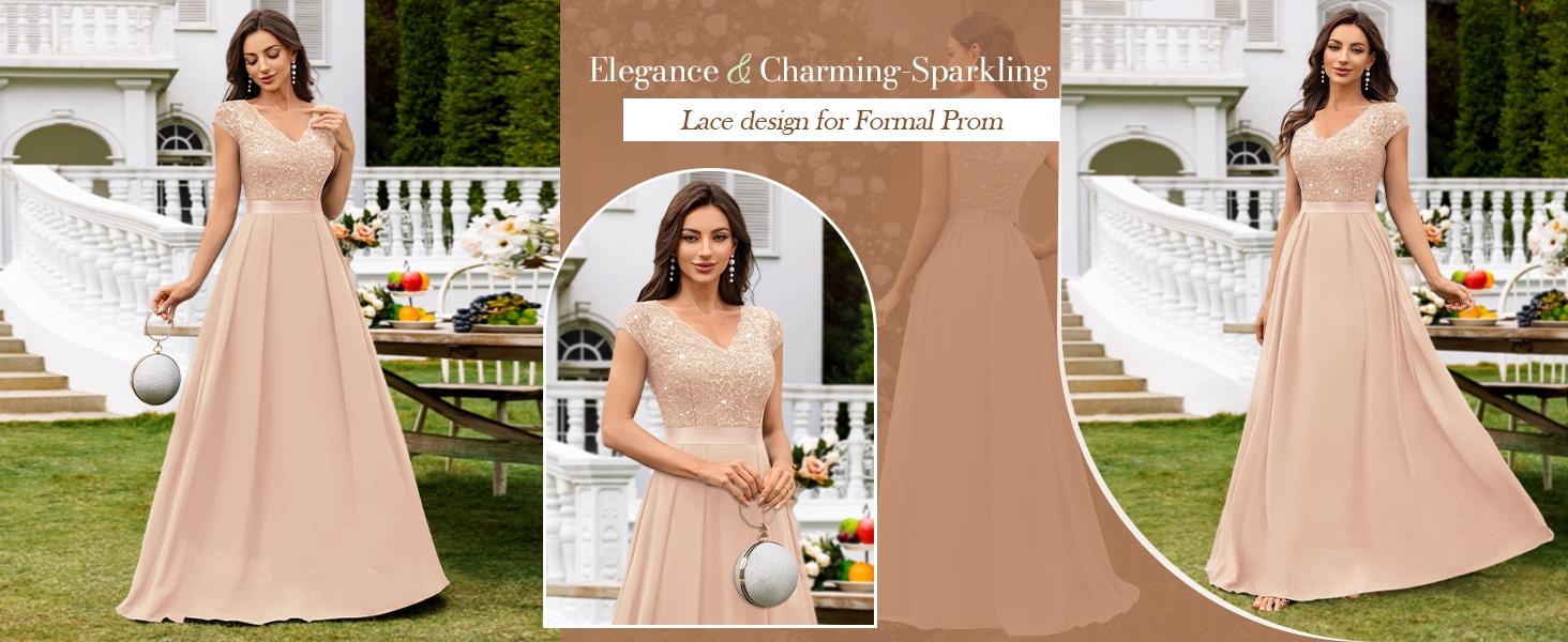 MIUSOL 54406A V Neck Sequin Lace Cap Sleeve Chiffon Pleated Hem Evening Party Maxi Dress, Elegant Party Dress For Women, Formal Evening Gown, Prom Dress, For Wedding Guest, Graduation, Dinner