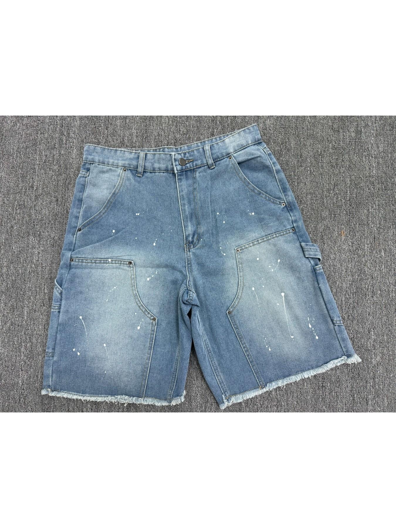 Men's Summer Washed Ink Splatter Distressed Ripped Denim Jeans Shorts, Casual Loose-Fit Straight-Leg Hip Hop Streetwear Shorts with Pockets