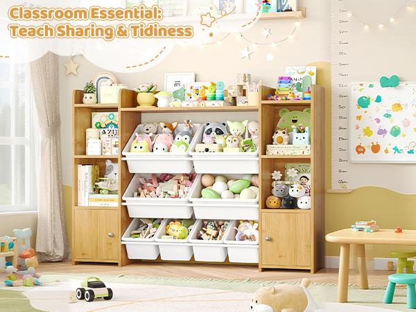 FOTOSOK 55''Large Toy Storage Organizer with 8 Toy Bins, Toy Organizers and Storage with Shelf and 6 Storage Cubbies, Bookshelf for Kids, Playroom Organization and Storage Bins