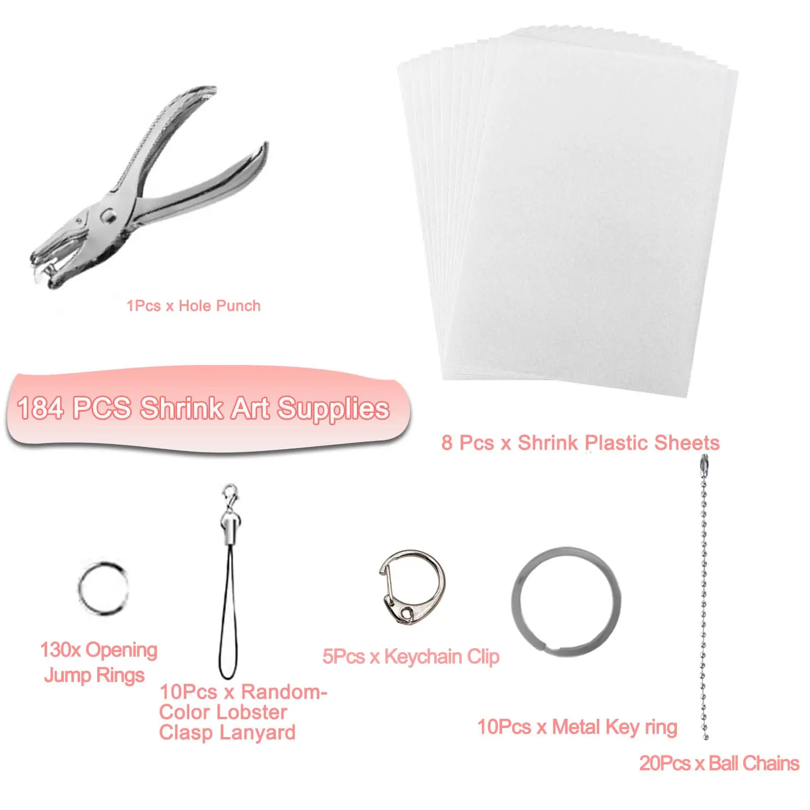 184pcs/200pcs Shrink Plastic Sheet Kit with Keychain Set, Key Accessories, 176pcs Keychains and Open Iron Rings, Handmade DIY Craft, Beginners, Christmas Gift #GLOBAL PICKS