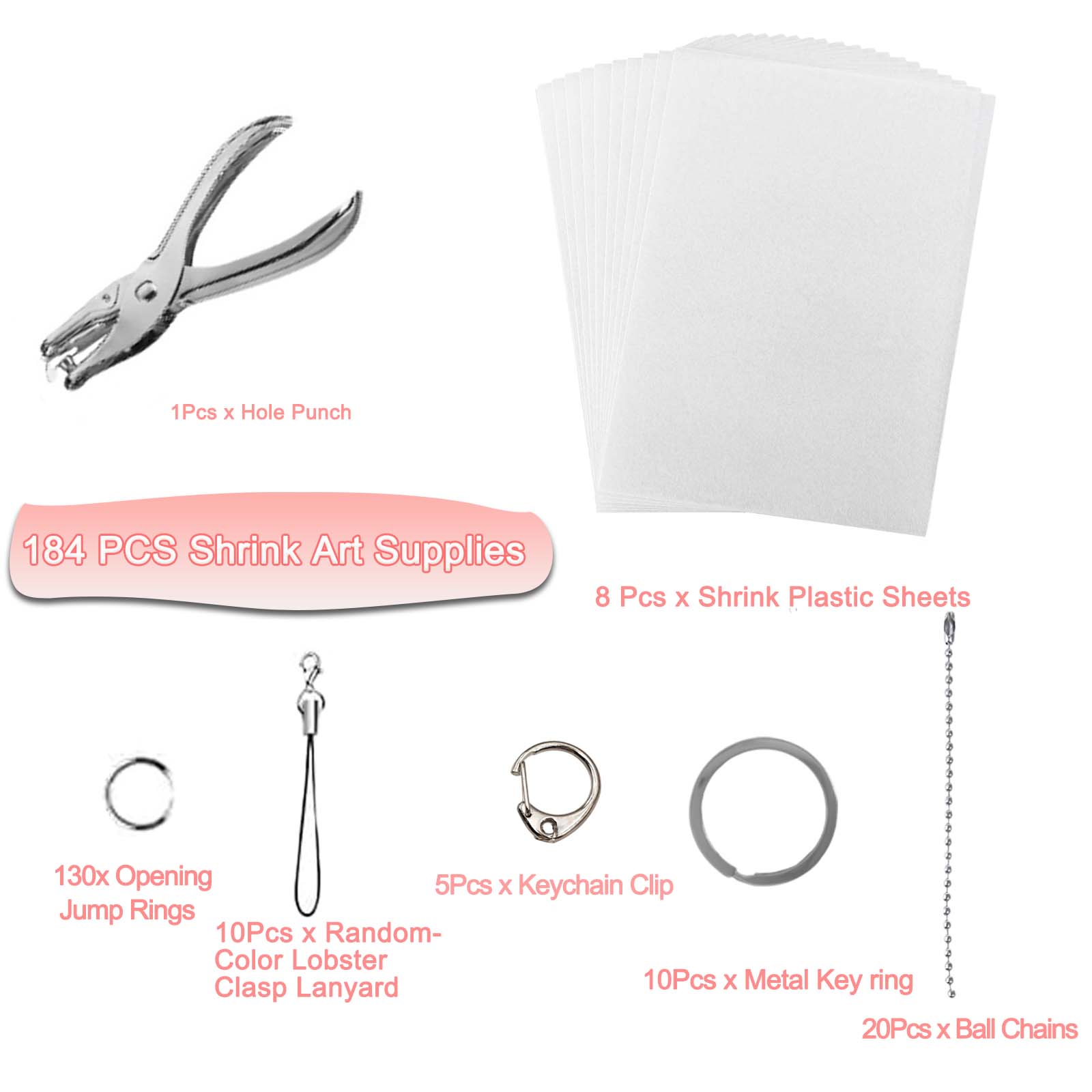 184pcs/200pcs Shrink Plastic Sheet Kit with Shrink Paper Keychain Set, 176pcs Keychains and Open Iron Rings, Handmade Keychain, Christmas Gift