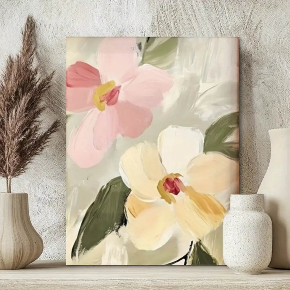 Modern Abstract Floral Canvas Wall Art, Soft Pink And Cream Flower Painting, Textured Brushstroke Oil Effect On Stretched Canvas, Minimalist Living Room Bedroom Decor, 1 Piece Ready To Hang