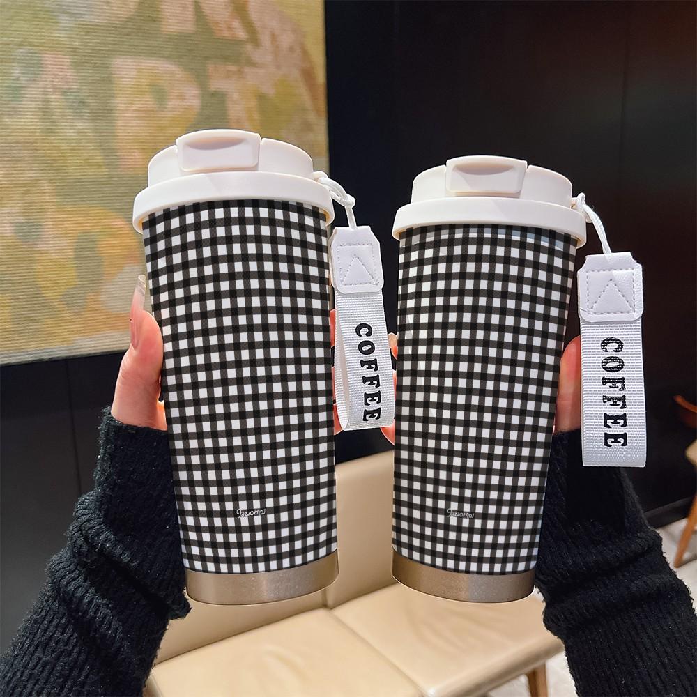 Abstract Chessboard Texture Coffee Cup, Portable Dual Drink Insulated Tumbler, Heat/cool Keeper, Boho Style, Office, Travel, Sports