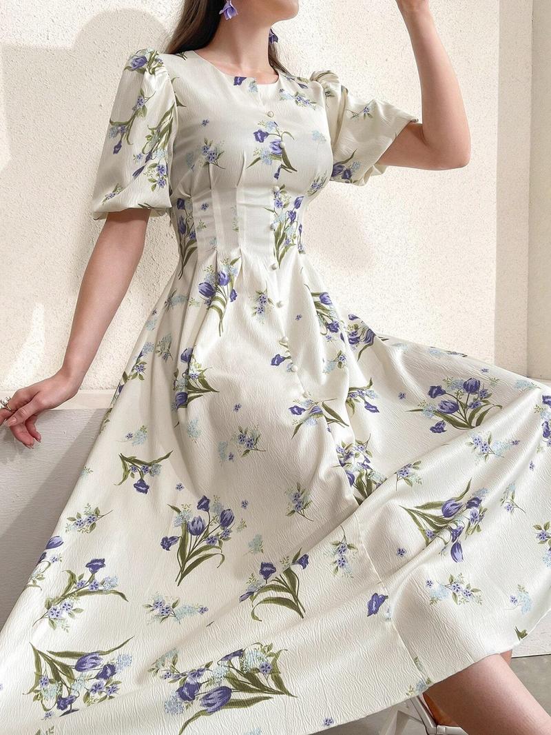 Women's Floral Print Puff Sleeve Dress, Elegant Short Sleeve A Line Dress for Party Holiday Wedding Guest, Ladies Clothes for All Seasons, Womenswear, Shortsleeve, Formal Dresses Women, Wedding Gown