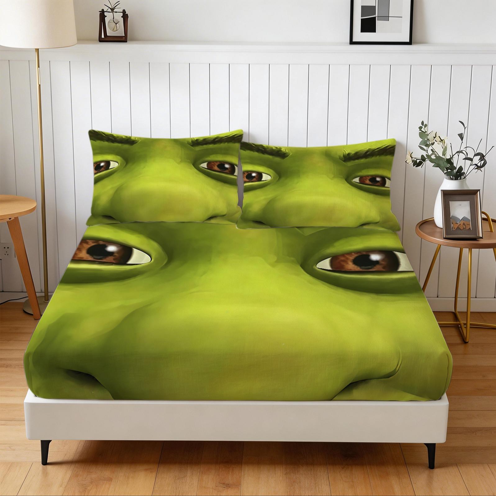 3-Piece Shrek Pattern Fitted Sheet Set, Soft And Durable Bedding Set Including 1 Flat Sheet And 2 Pillowcases, Daily Holiday Birthday Gift Bedroom Decorations For Kids And Adults