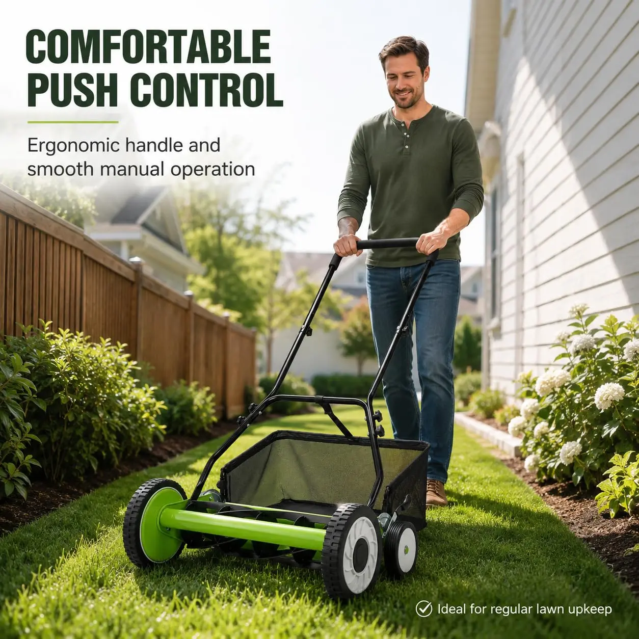 18" Wide Manual Reel Lawn Mower - 4-Wheel Push, Heavy-Duty Steel, Height-Adjustable, Folds Easily, Removable Mesh Grass Catcher for Yard & Garden Lawn Care