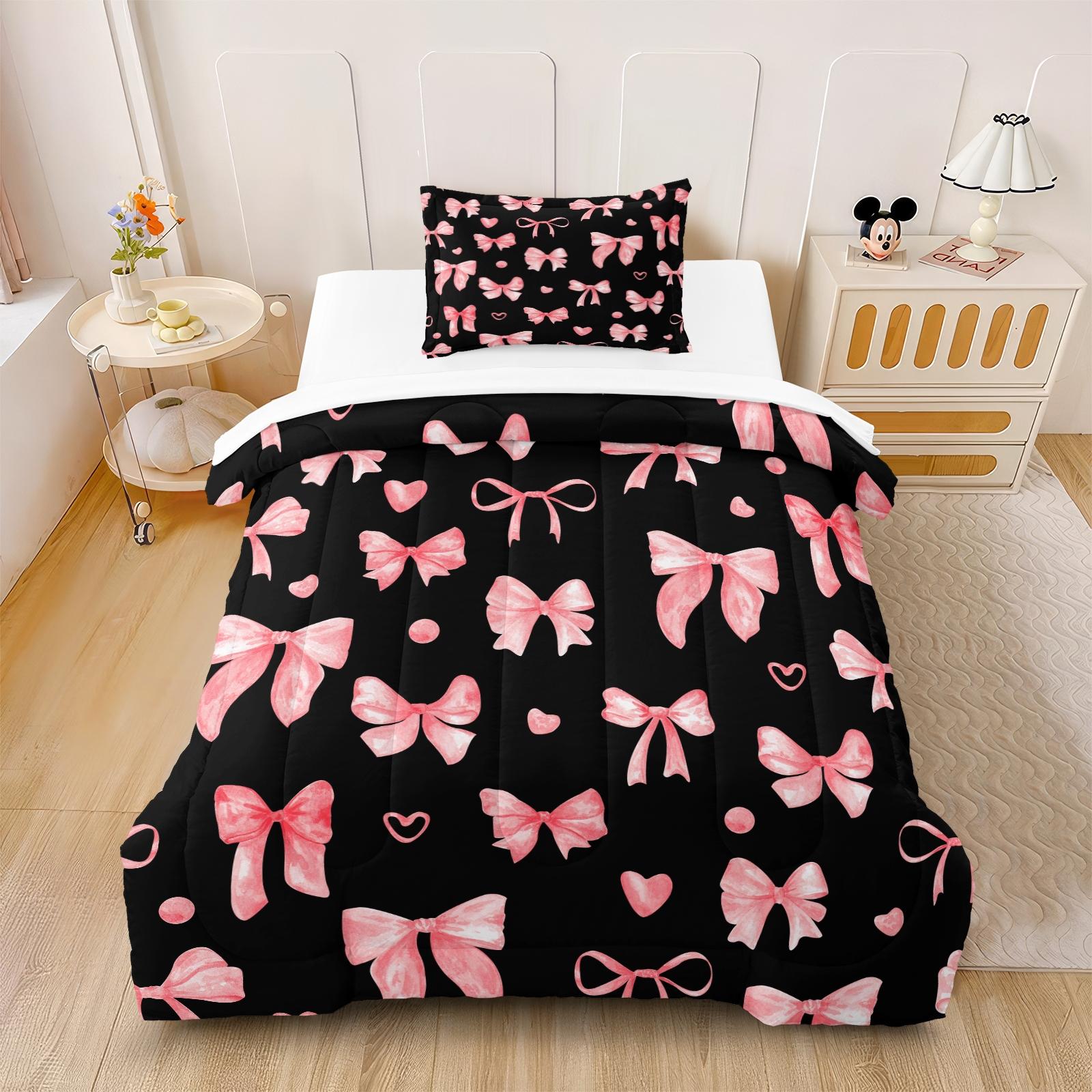 2/3 Pcs Coquette Pink Bow Print Comforter Set, Cute Y2K Aesthetic Bedding Set, Soft Warm Breathable & Fade Resistant Digital Print, Ideal for Girls Bedroom Dorm Guest Room Decor, All Season Use - Without Pillow Insert