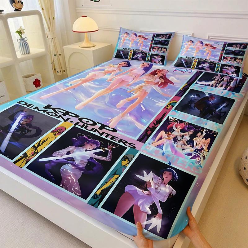 K Pop Demon Hunters Soft Breathable Fitted Sheet Set, bed sheets set, 3 Counts/set including 1 Fitted Sheet & 2 Pillowcases, Cute Idol Themed Decor for Bedrooms and Gifts