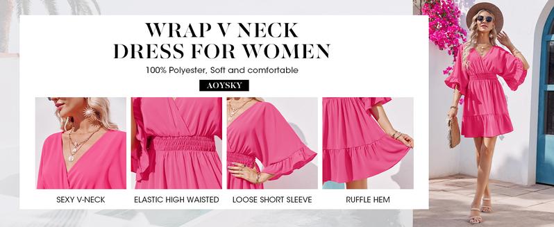 Wenrine Women‘s V Neck Casual Dresses Summer Loose High Waist Ruffle Pleated Cute Mini Short Dress