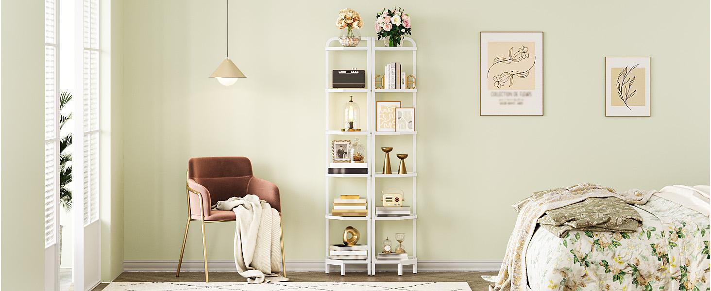 Corner Shelf Stand,6-Tier Glass Bookshelf Bookcase, Bathroom Organizer, Plant Stand, Steel Frame, Tempered Glass, Modern Style for Living Room, Bathroom, Kitchen, White CS90613W