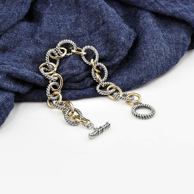 Braided Wire Cable Non Tarnish Bracelet with Two-Tone Circle Chain Link Bangle for Women & Girls