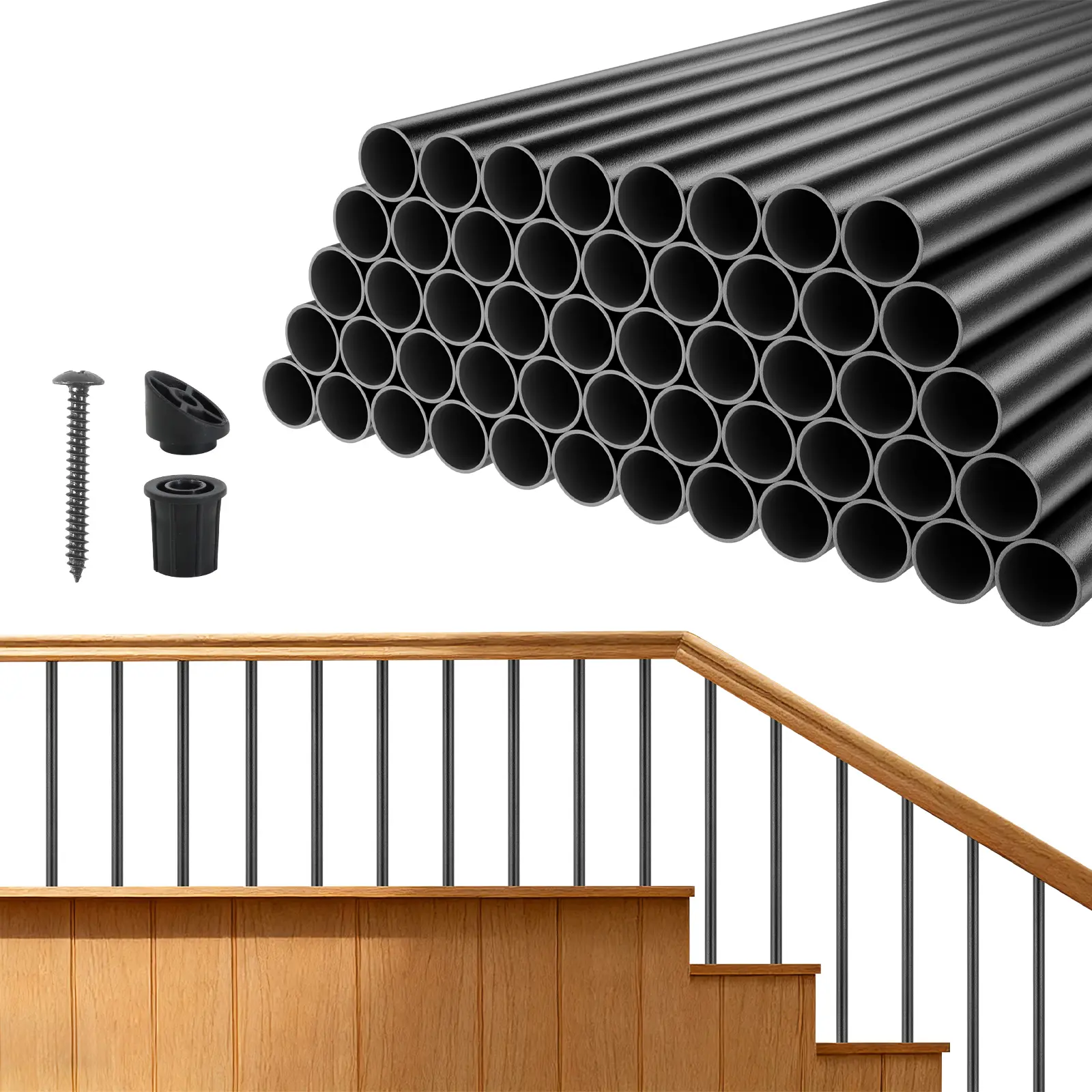 125 Pack Deck Balusters, 32 in Aluminum Railing Spindles, 3/4 in Diameter Hollow Round Metal Decking Stair Balusters with Connectors, Screws, for Deck, Porch & Staircase Railing Fence, Black