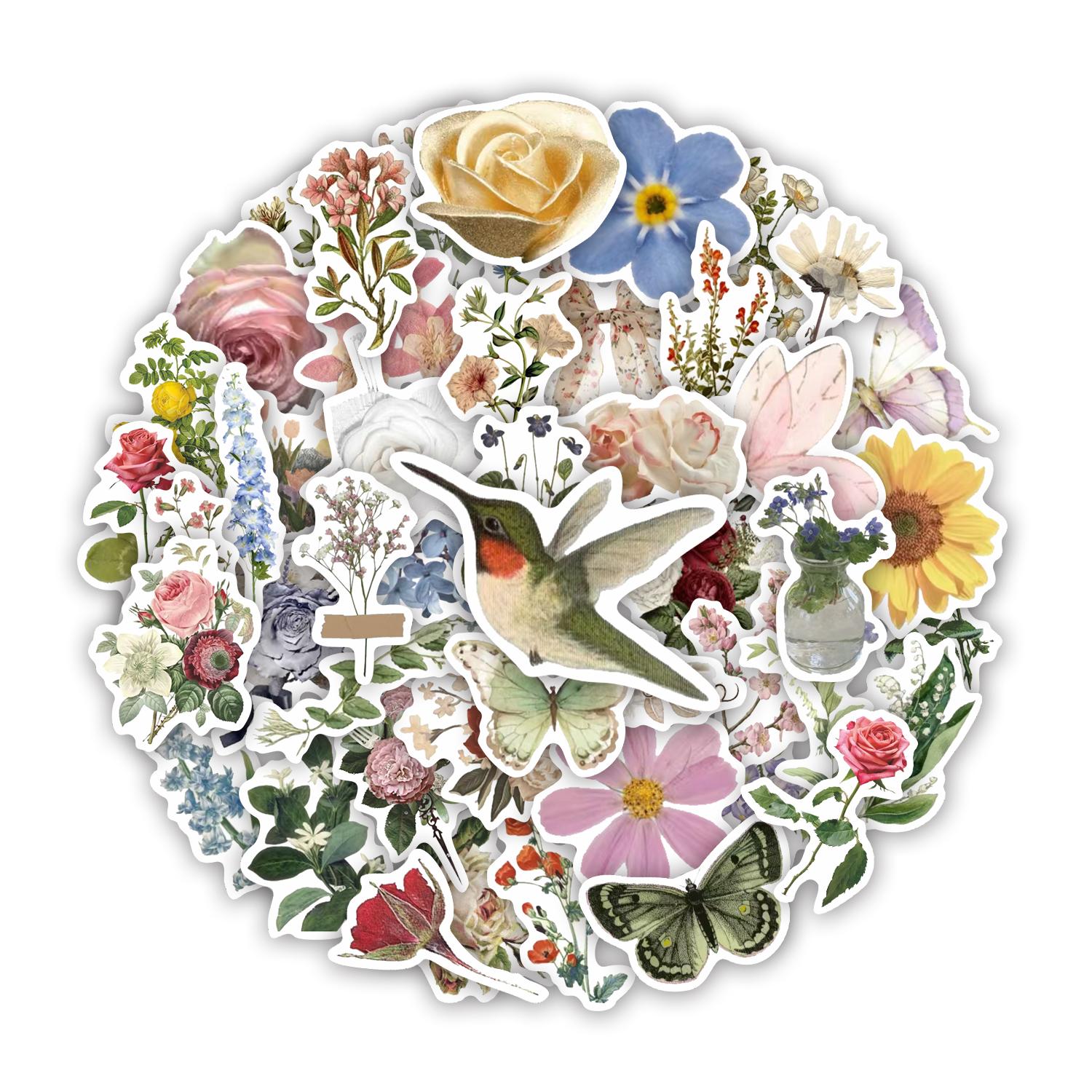 50Pcs Vintage Watercolor Flower Stickers Pack, Waterproof Botanical ...