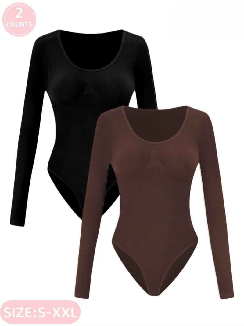 Women's Ribbed Abdomen Control Bodysuit, Long Sleeve Seamless T-Shirt, Comfortable Scoop Neck Bodysuit Stretchy Basic Tops, Fit Soft Elastic Fabric, Perfect for Daily Wear and Going Out, Shapewear for Fall&Winter