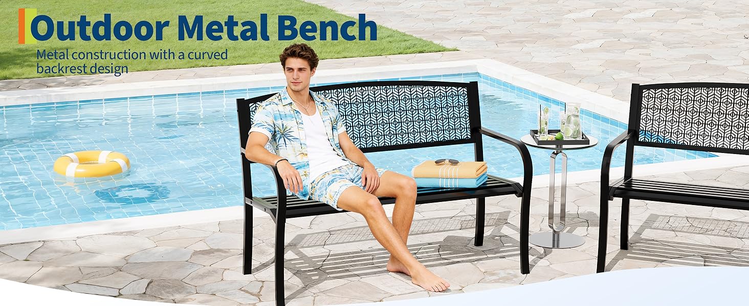 50 in Weather-Resistant Steel Frame Outdoor Patio Furniture Bench - 2-3 People Seat with Decorative Curved Backrest - Ideal for Porch, Yard - Patio Furniture Accessory