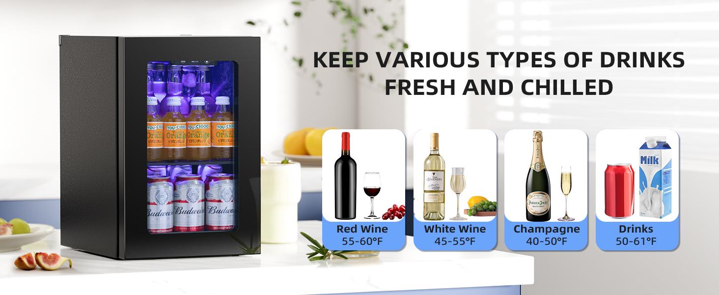 Antarctic Star 0.6Cu. Ft. Freestanding Wine Cellar,  mini  fridge,4-Bottle Red Wine with 6-Can Beer Refrigerator, Quiet Compressor, LED Light and Display, 40-61 ℉, Black