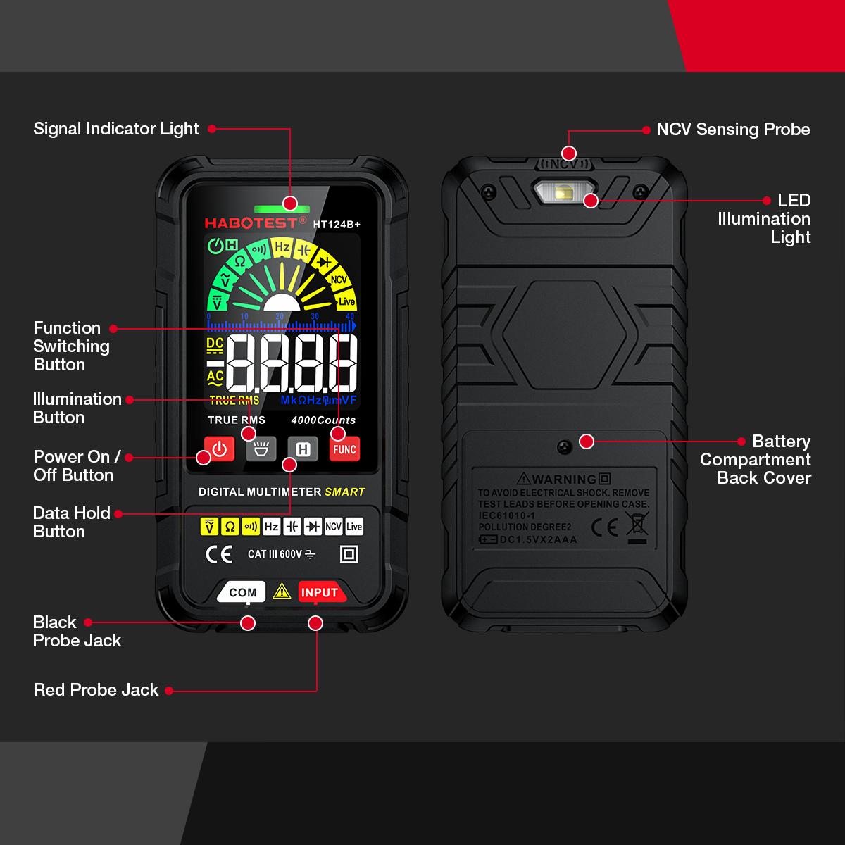 HABOTEST HT124B+ Smart Digital Multimeter 2.5-inch Color LCD Screen 600V AC/DC Voltmeter 4000 Counts True RMS Auto Ranging Voltage Meter NCV Live Wire Tester Resistance Capacitance Frequency Hz