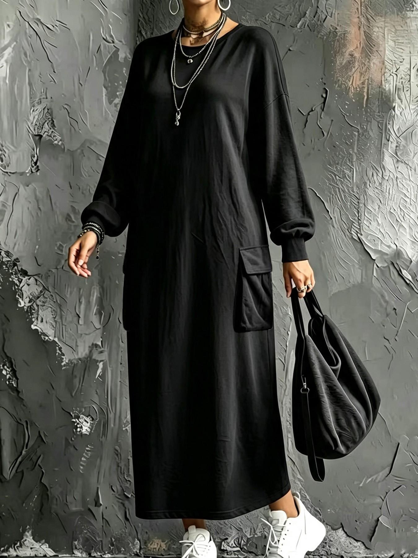 Plus Size Women's Casual Workwear Pocket Sweatshirt Dress, Long Sleeve Hiding Belly Lazy Girl Dress, Daily Home Outdoor Wear Basic