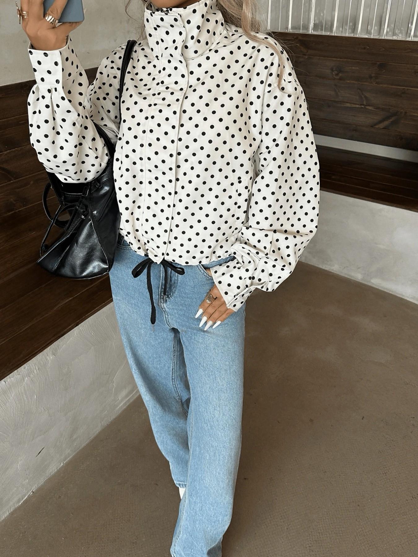 Women's New Aesthetic Polka Dot Pattern Adjustable Drawstring Jacket, Retro Zipper Long Sleeve Stand Collar Outerwear for Everyday Wear, Casual Fashionable Jacket, Streetwear
