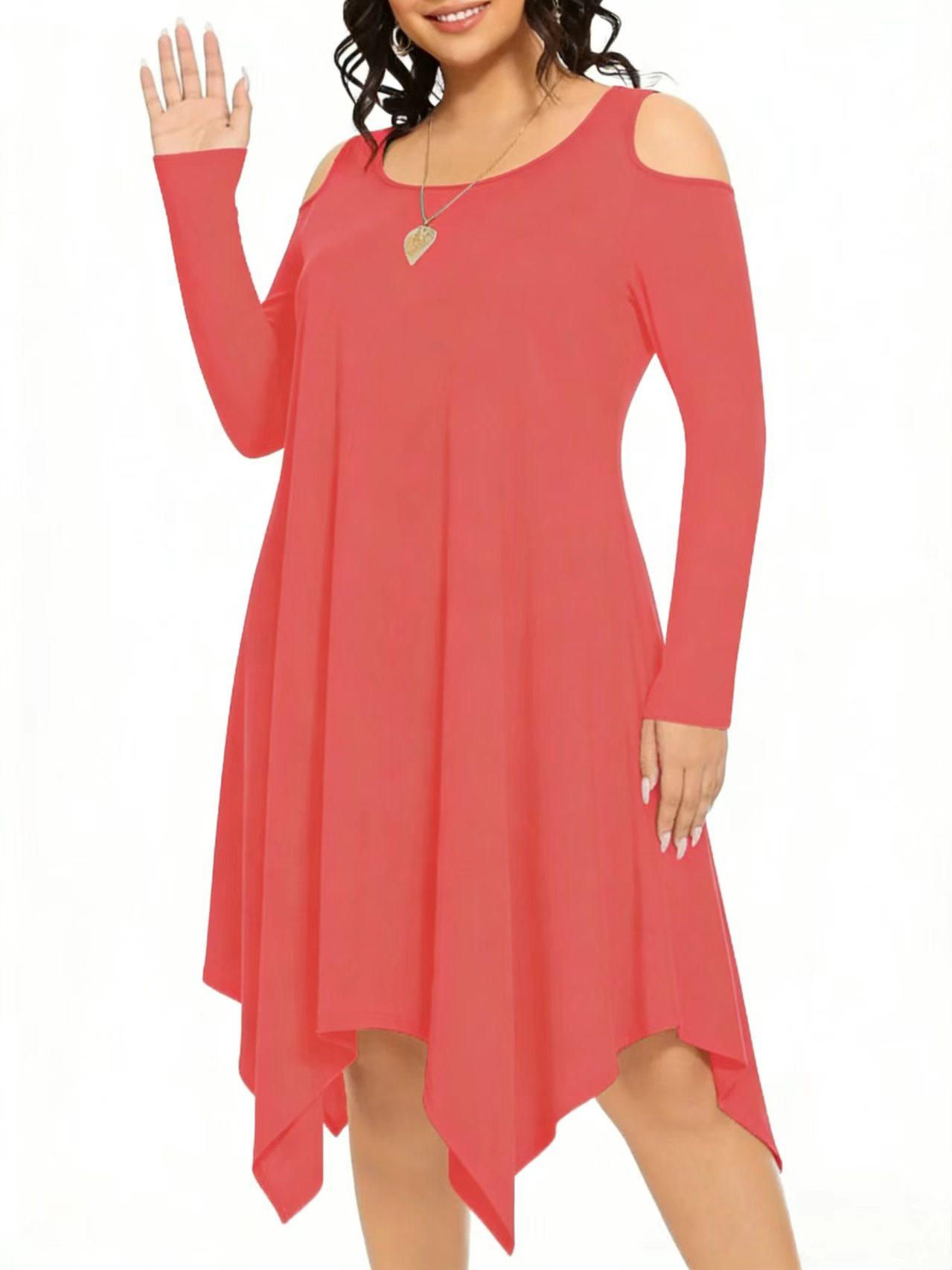 Fashion Plain Shoulder-Exposed Long Sleeve Dress, Elegant Casual Wear, Perfect for Spring & Fall, Women's Stylish Clothing