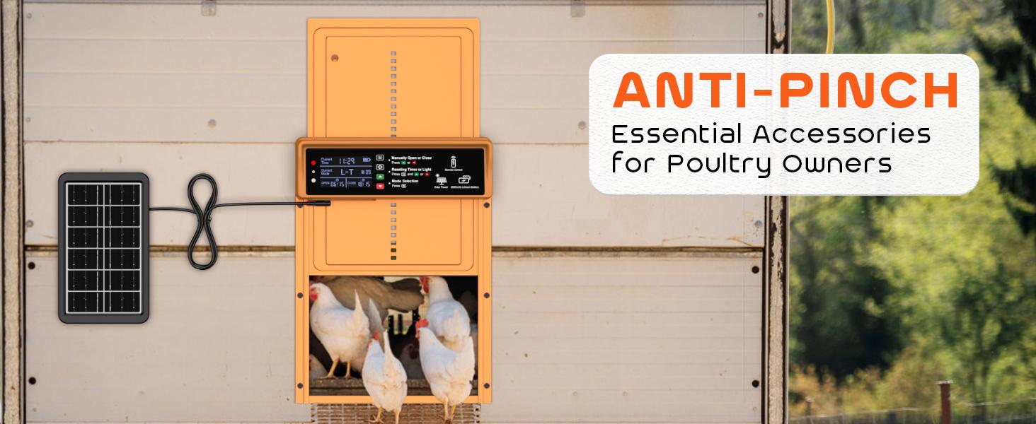 With Timer & Light Sensor Solar Powered Automatic Chicken Door, Anti-Pinch, Durable Aluminum, Charge with Solar Panel & USB - Orange coop With Timer & Light Sensor Solar Powered Automatic Chicken Door, Anti-Pinch, Durable Aluminum, Charge with Solar Panel & USB - Orange coop