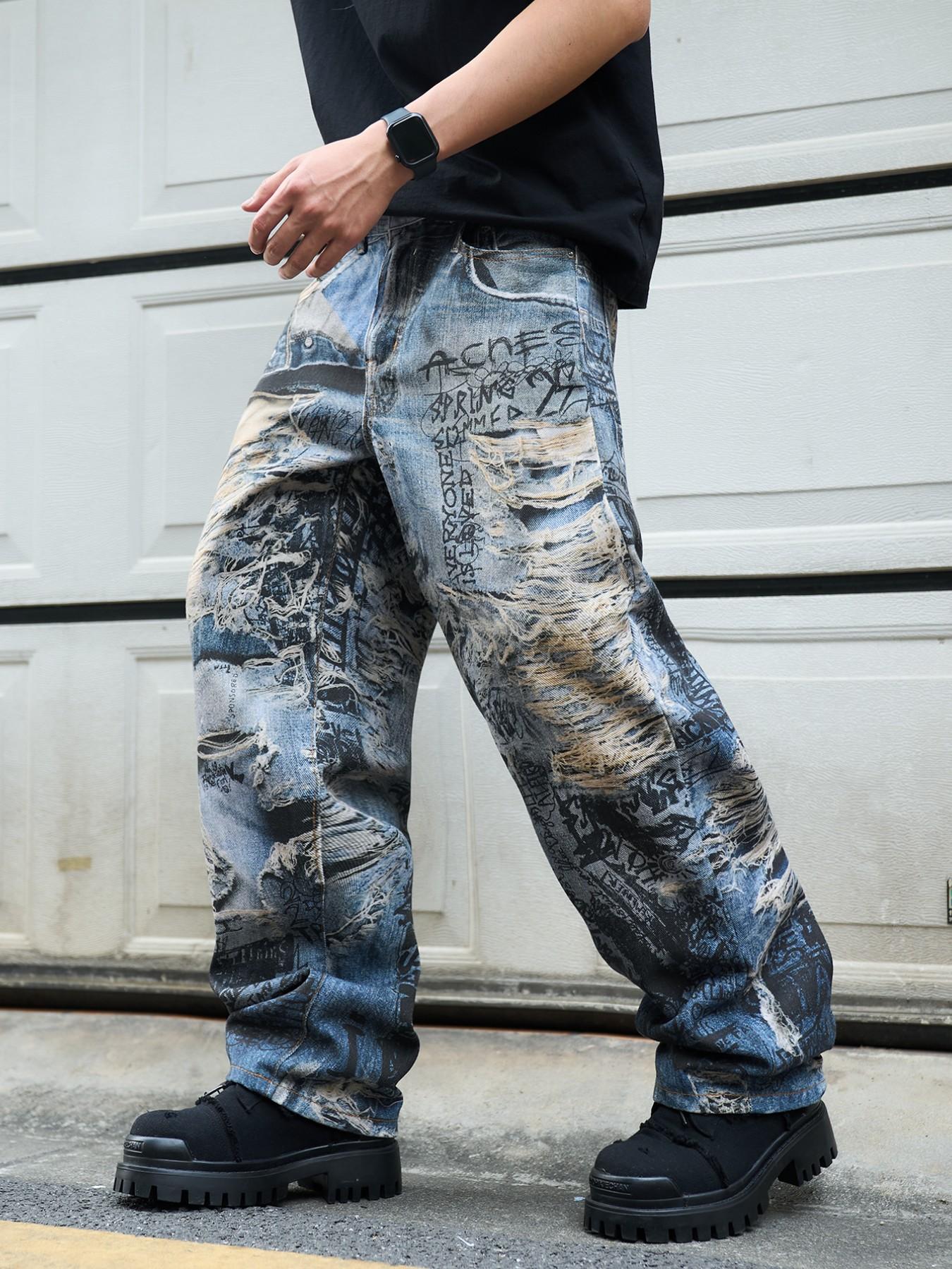 Men's 3D Printed Jeans Y2K Graffiti Denim Jeans, Wide Leg Streetwear, Loose Fit Casual Jeans for All Seasons