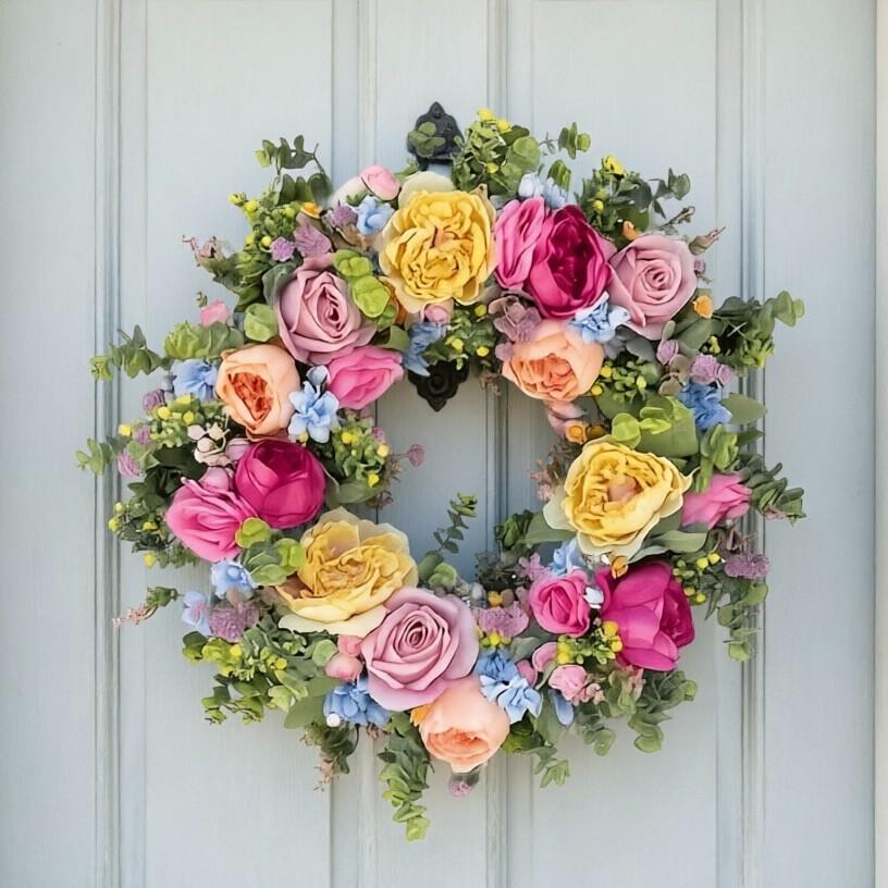 Spring Summer Artificial Flower Wreath, Mixed Rose Peony Dual Door Wreath, Handmade All-Season Wreath, Home Wedding Party Decor