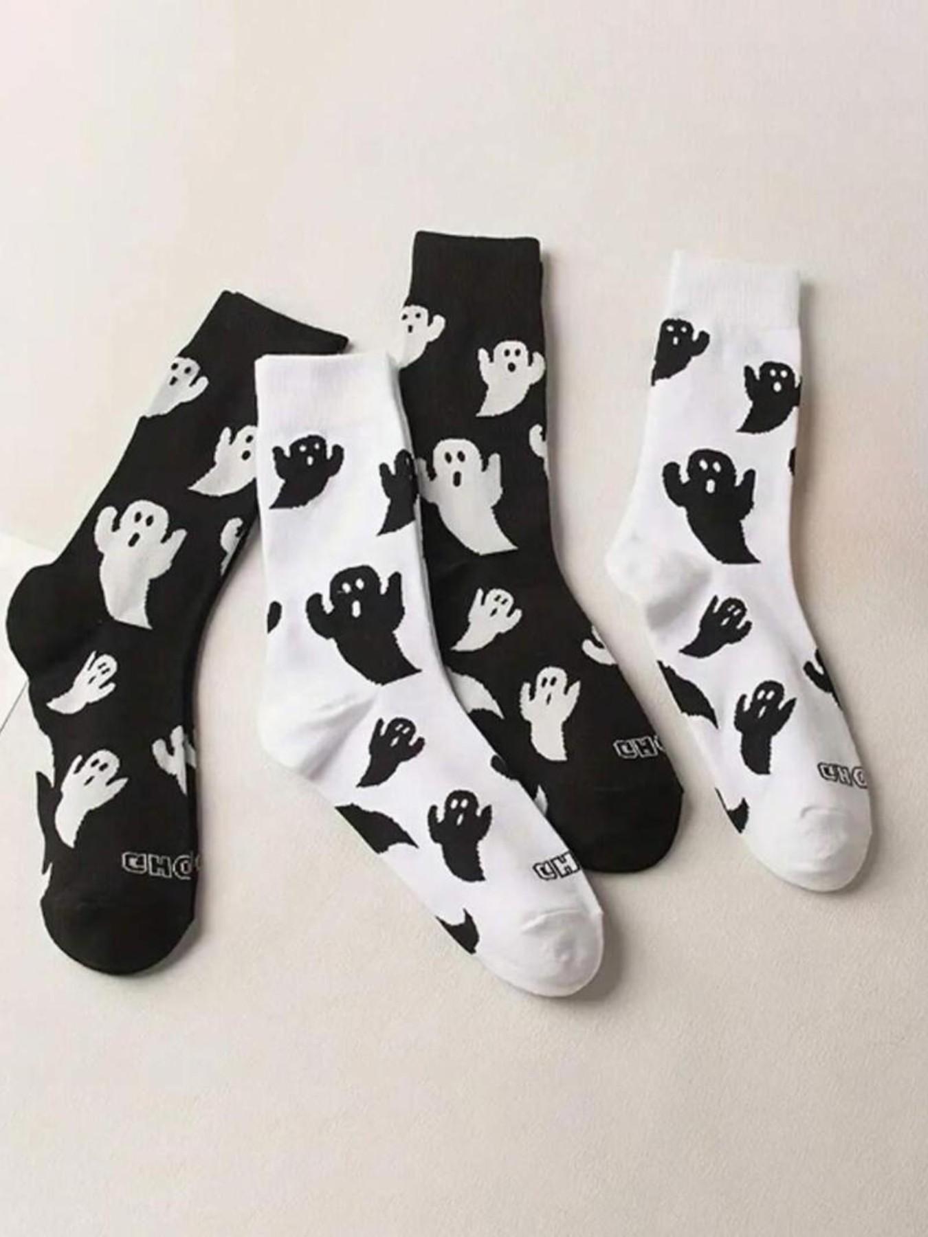 4 Pairs Unisex Cute Ghost Print Crew Socks, Fun Casual Streetwear Socks