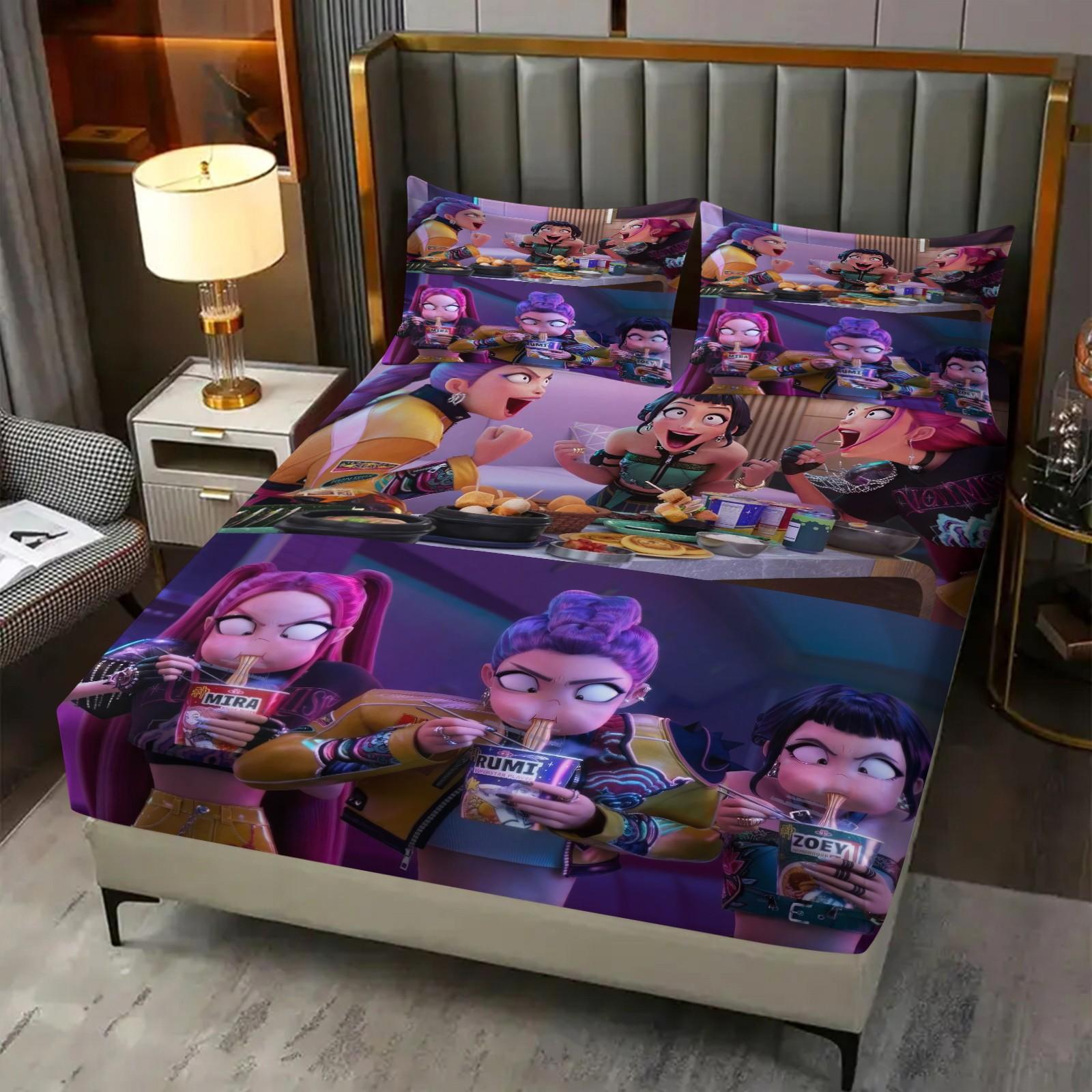 Kpop Girl Group Casual Style Bed Sheet Set, Anti-Slip Anime Idol Themed Mattress Covers, Fashionable Home Decor Accessories