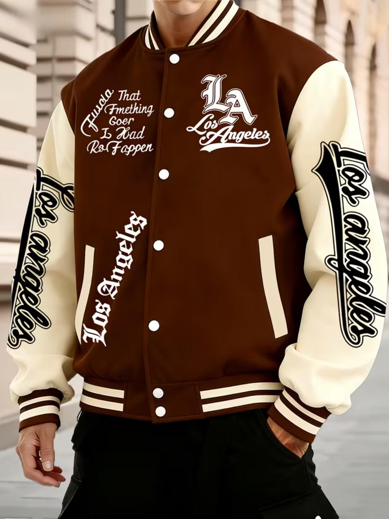 La Style Baseball Jacket, Los Angeles Print, Button Closure, Stretchy Fabric, All Seasons, Comfortable Outerwear, Casual Fitted Design