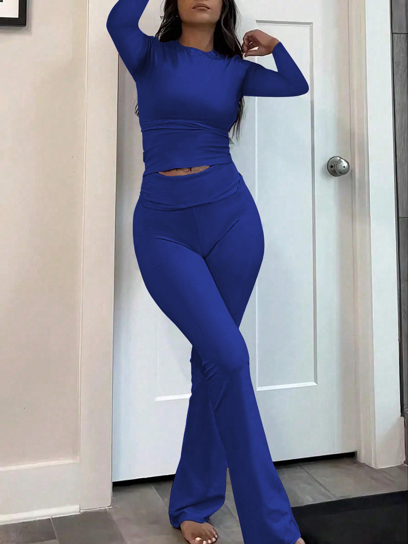 USBoutique Chic 2-Piece Pants Set – Women's Casual Crop Long Sleeve Top & Fold Over Flare Leg Pants, Summer Matching Outfit for Daily Wear, Soft Elegant Womenswear