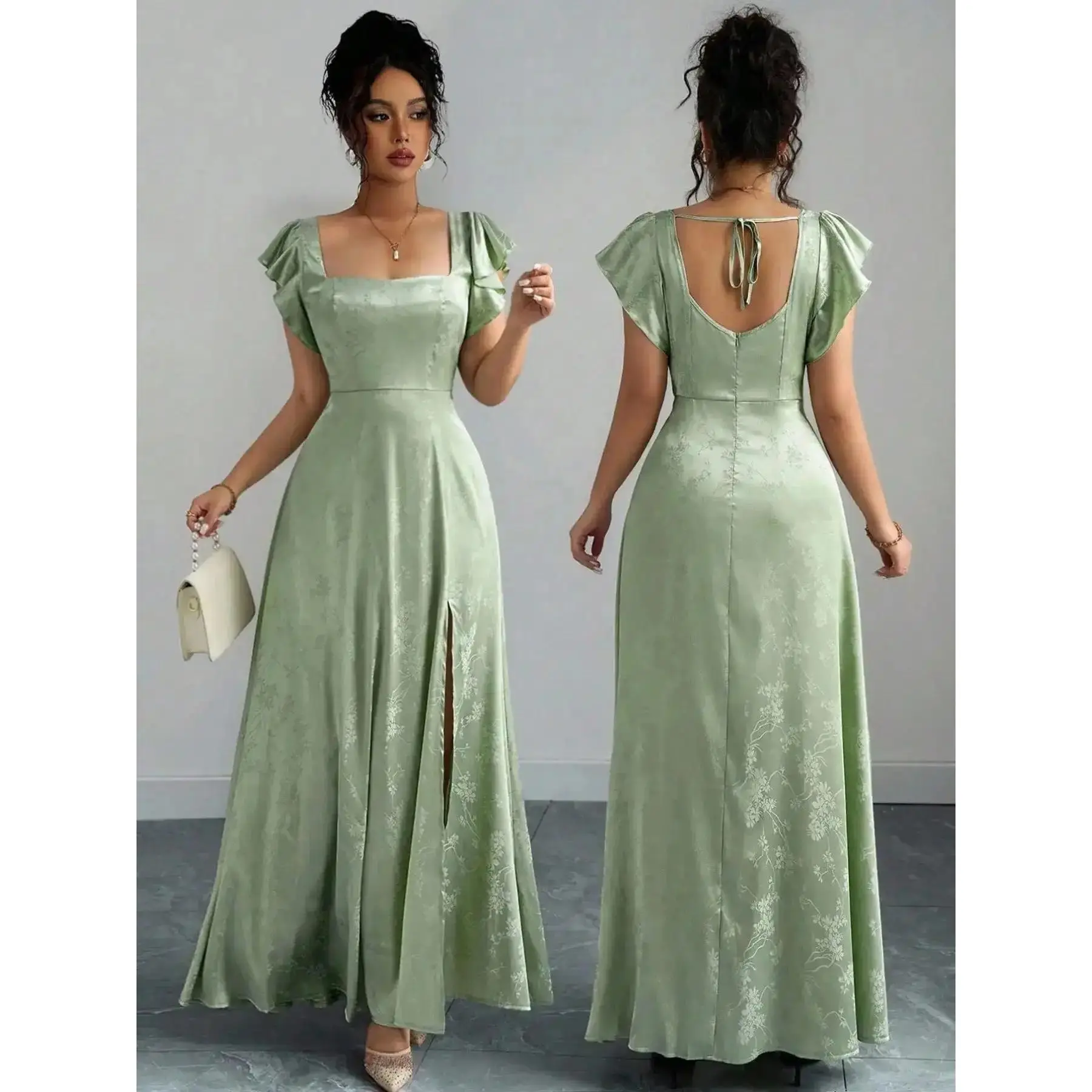 Women's Minimalist Basic Cut Female Dress - Square-Neck, Flutter-Sleeve, Backless Slit, Side-Slit Long Maxi, Suitable for Formal Events, Weddings