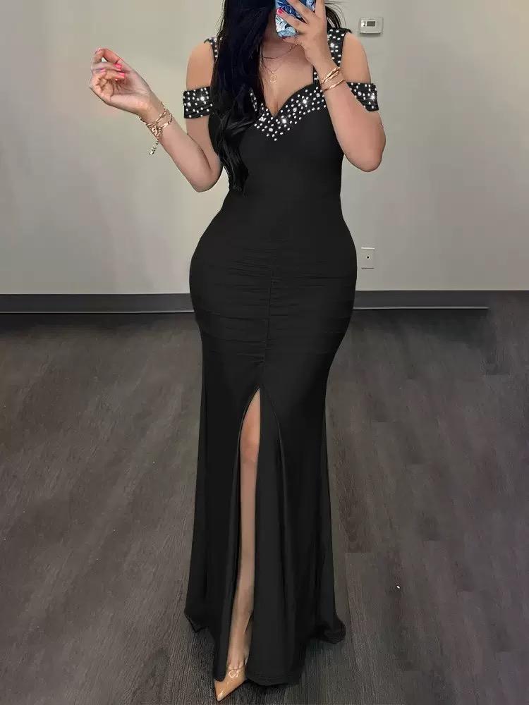 Summer Black Apricot European and American Style Elegant Hot Diamond Off-shoulder Slim High Waist Hip Slit Dress Milkmaid Dresses Evening Fabric