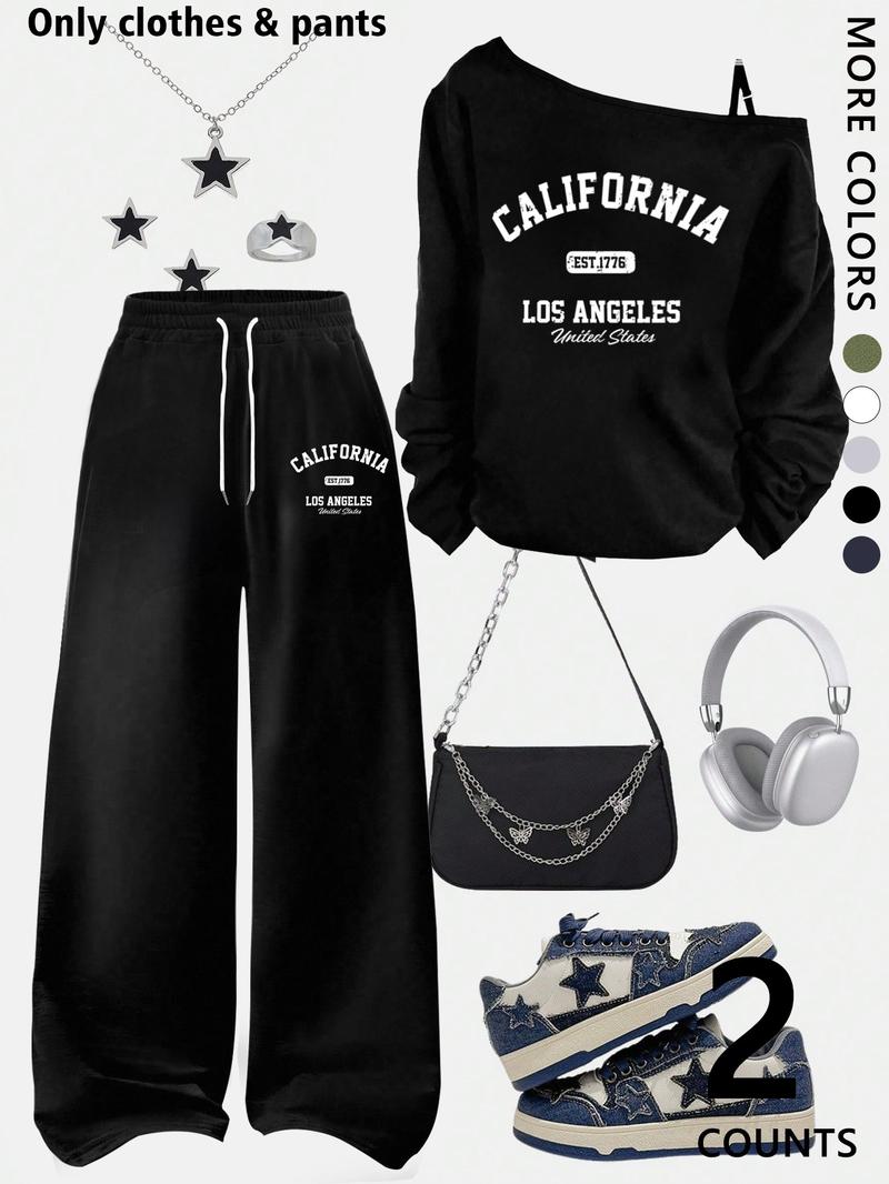 A teenage girl's off-shoulder top and wide-leg casual trousers; a loose-fitting, oversized casual long-sleeved top with a letter print paired with loose-fitting drawstring trousers; soft, suitable for women, and versatile. A teenage girl's off-shoulder top and wide-leg casual trousers; a loose-fitting, oversized casual long-sleeved top with a letter print paired with loose-fitting drawstring trousers; soft, suitable for women, and versatile.