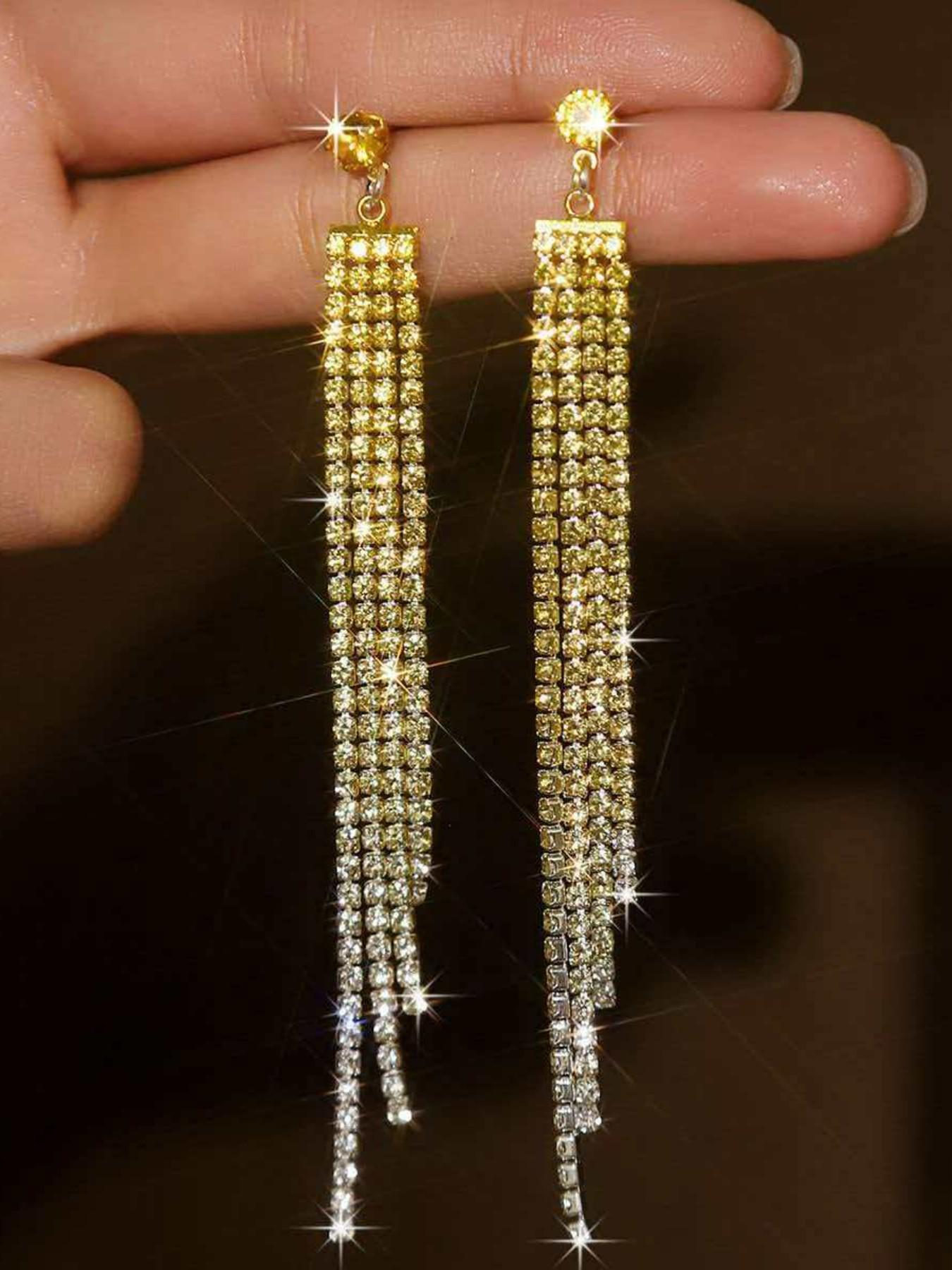 Luxury Long Tassel Rhinestone Earrings for Women, Gradient Crystal Fringe Drop Earrings, Sparkling Dangle Earrings, Party Prom Wedding Accessories