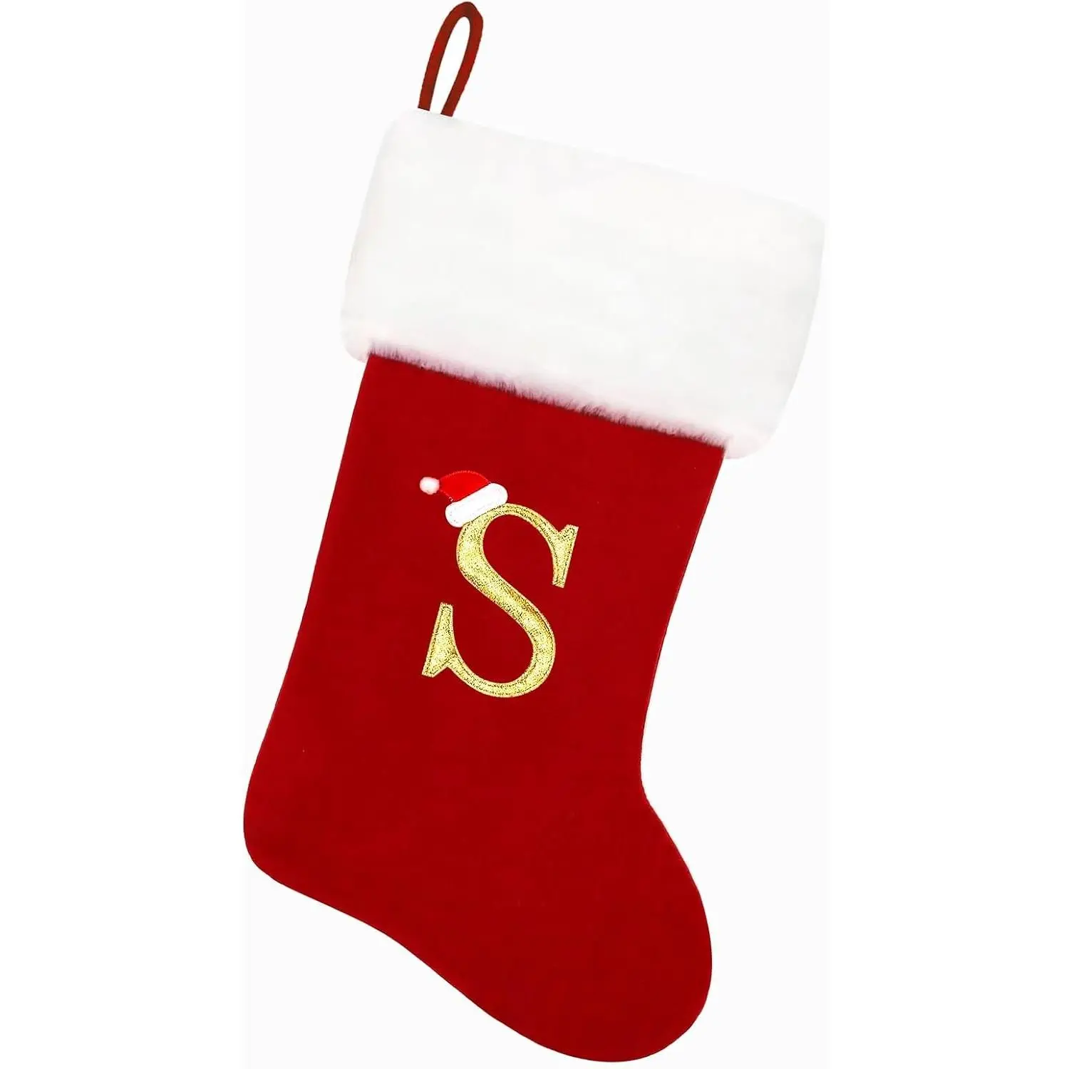 20 Inches Red Velvet with White Super Soft Plush Cuff Monogram Christmas Stockings, Xmas Personalized Embroidered Letter Stockings for Family Holiday Decorations and Xmas Tree Fireplace（S）