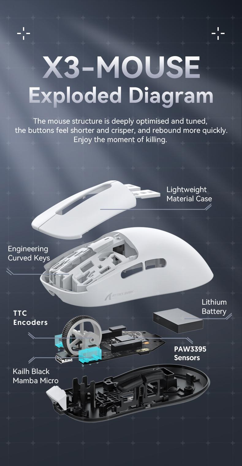 ATTACK SHARK X3 Wireless Gaming Mouse PAW3395 Superlight 49g SUPERLIGHT, PixArt PAW3395 Gaming Sensor, BT/2.4G Wireless/Wired, 6 Adjustable DPI up to 26000, 200 hrs Battery