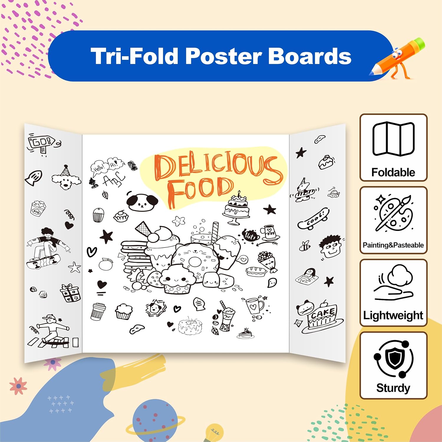 4 count Trifold Poster Board, 21.5x14 inches Small White Poster Board Comes with Sticky Accessories, Corrugated Presentation Boards, Display Board for School Projects, Business Presentations